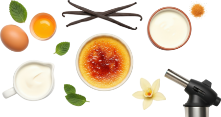 Cr me br l e ingredients overhead flatlay of custard cream eggs vanilla sugar and kitchen torch