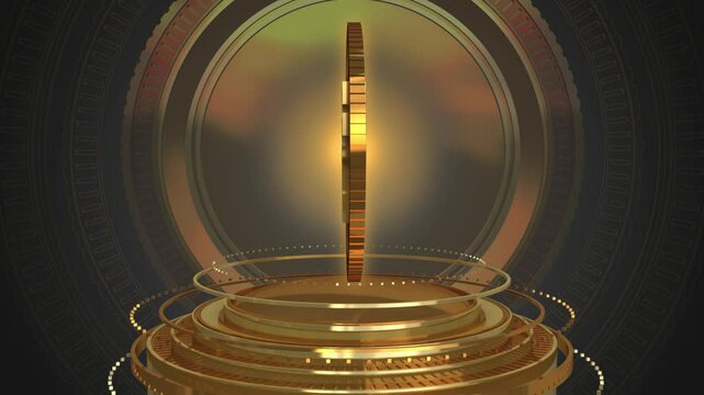 3D GOLDEN INDIAN RUPEE SYMBOL ELEGANTLY ROTATING AGAINST A SOPHISTICATED BLACK BACKGROUND PERFECT FOR BANKING PRESENTATIONS AND ECONOMIC REPORTS ANIMATION LOOP