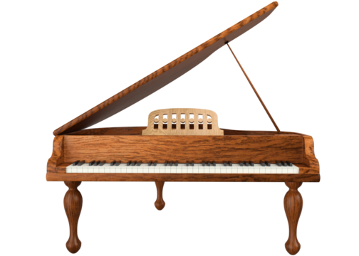 Realistic 3D render of a classic wooden grand piano with an open lid, showcasing elegant curves and traditional craftsmanship. The piano features detailed textures and stylish design.