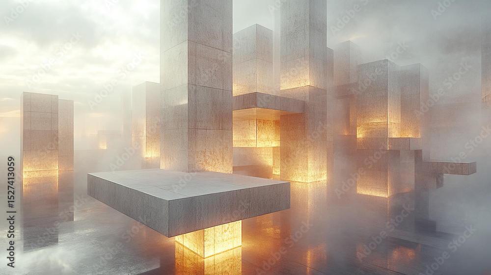 Poster surreal landscape featuring floating geometric structures illuminated by soft light