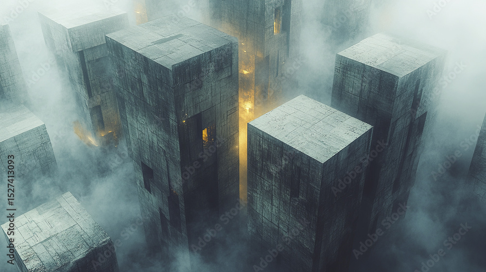 Aufkleber mysterious floating structures emerge from dense fog, creating eerie atmosphere