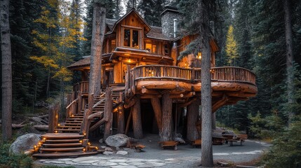 Tree house built with natural logs and rustic timber, surrounded by pine trees