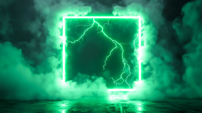 Glowing green neon square, lightning strike, smoky studio, background