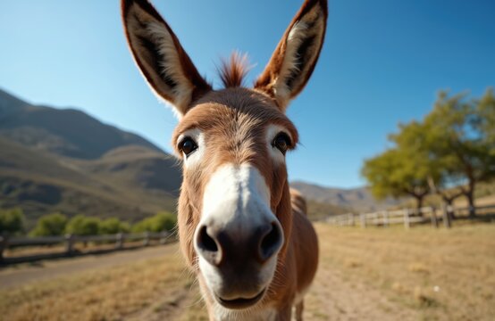 Close-up portrait of a cute donkey with brown fur, big ears, bright eyes. Animal stands on a rural farm with a road, green trees. Blue sky and sunny day at countryside.