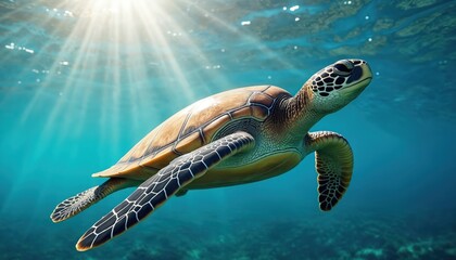 Sea turtle swims underwater. Reptile in blue ocean water. World Turtle Day, Ocean Environmental Day concept. Sea turtle in natural habitat, conservation, marine life. Environmental protection, saving