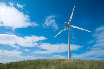 Fototapeta premium Wind turbine on green hilltop under blue sky with clouds, representing renewable energy and sustainable power generation.