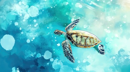 Sea turtle swims, aqua background, watercolors.