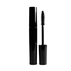 Black mascara tube and brush on black background isolated on transparent background PNG