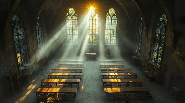 serene monastery scriptorium with arched windows and wooden desks, illuminated by sunlight