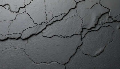 Dark gray cracked texture resembling dried lava or weathered stone. High-resolution abstract background with organic patterns, perfect for use in design, architecture, or industrial themes