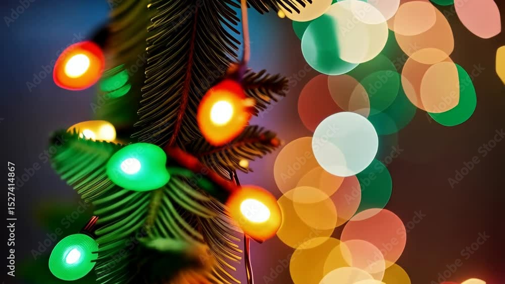 Aufkleber festive arrangement of colorful holiday lights draped on evergreen branch with blurred multicolored 