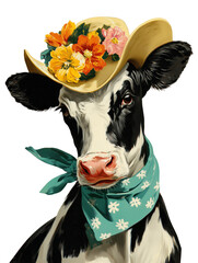 Charming illustration of black and white cow wearing floral cowboy hat and teal bandana with white flowers, whimsical country theme, isolated with transparent background