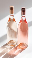 Two bottles of rose wine gracefully positioned, reflecting soft light. Perfect for showcasing elegance and refreshing aesthetics in beverage photography.