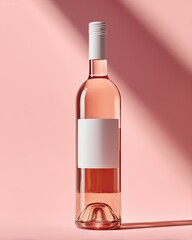 A beautiful, minimalist shot of a rose wine bottle against a soft pink background, showcasing its elegant shape and inviting color.