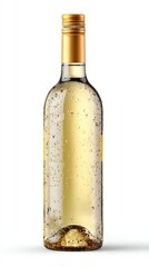 A elegant bottle of white wine with a golden hue, showcasing tiny bubbles that reflect light, perfect for dinner celebrations or casual gatherings.