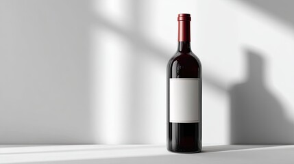 A minimalist display of a red wine bottle with a blank label, elegantly positioned against a softly lit background, perfect for product showcasing.