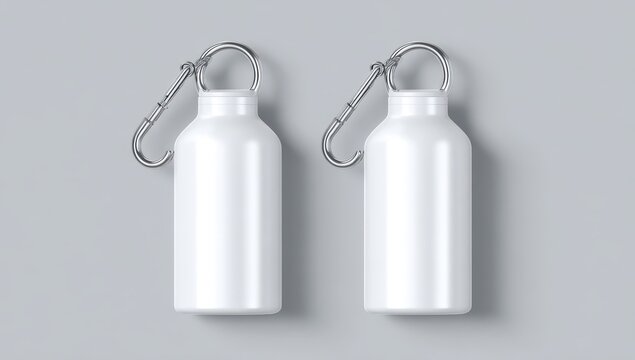 Two blank white aluminum water bottles with metal carabiner clips on a gray background