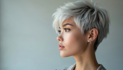 Naklejka premium Elegant woman with platinum silver pixie cut. Short textured layers, edgy modern hairstyle. Feminine, contemporary look with stylish short hair. Face profile view, showcasing beauty salon trend.