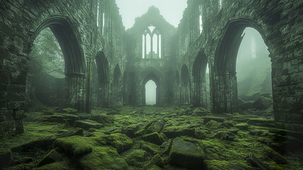 Moss covered abbey ruins with broken arches create mystical atmosphere in misty dawn
