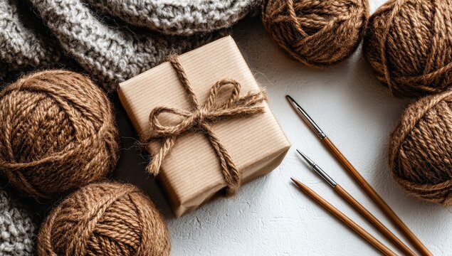 Gift, yarn, knitting needles, cozy