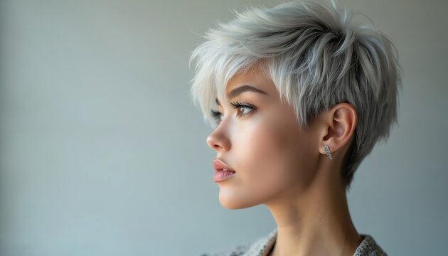 Elegant woman with platinum silver pixie cut. Short textured layers, edgy modern hairstyle. Feminine, contemporary look with stylish short hair. Face profile view, showcasing beauty salon trend.