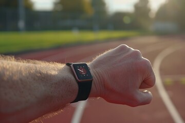 male runner's hand pressing a smartwatch at the starting line, early morning outdoor track 
