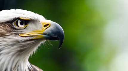 Obraz premium A close up of an eagle's head with a sharp beak and intense gaze against a blurred green background