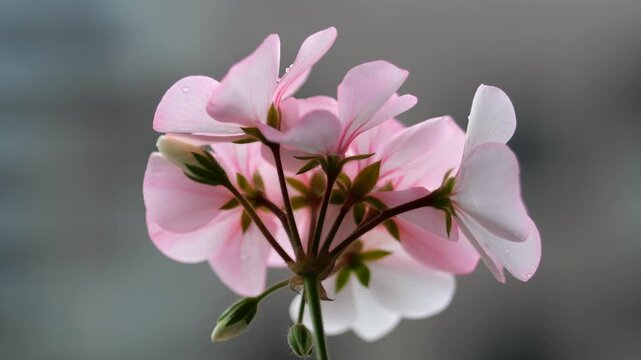 雨降りのベランダ　ゼラニウムの花が風雨に揺れる