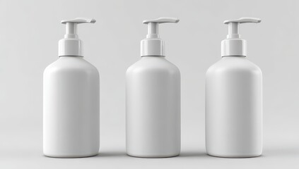 Three blank, white pump bottles, product mockup
