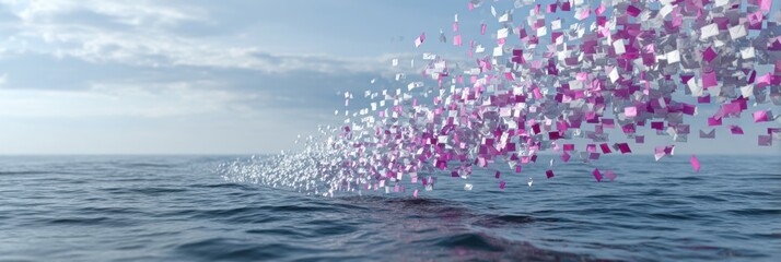 Digital Data River Flows With Phishing Content on the Left Side, Revealing a Vast Oceanic Landscape Under a Cloudy Sky