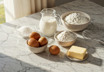 Baking ingredients shown flour eggs and milk sit on marble surface bathed in natural light