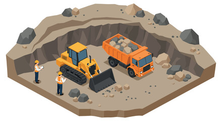 Construction site with bulldozer and dump truck in quarry vector illustration