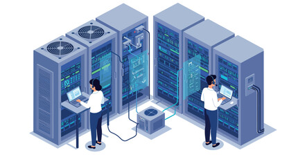 Data center management and it professionals working on server maintenance and network infrastructure vector illustration