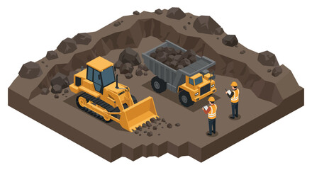 Construction site with bulldozer and dump truck in isometric view for industrial design projects vector illustration © Santiago