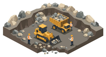 Construction site with workers and machinery in a quarry vector illustration © Santiago