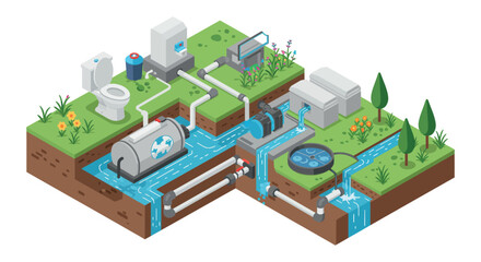 Eco-friendly wastewater treatment system and recycling process diagram for environmental conservation vector illustration