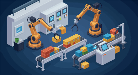 Fototapeta premium Automated robotic arm assembly line in manufacturing facility for efficient production vector illustration