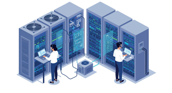 Data center management and it professionals working on server maintenance and network infrastructure vector illustration
