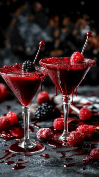 Spooky Raspberry and Blackberry Cocktails with Blood-like Drips for Halloween