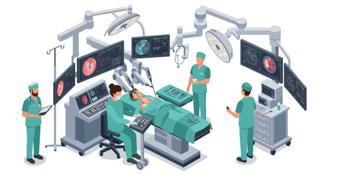 Advanced robotic surgery team in a modern operating room setting vector illustration
