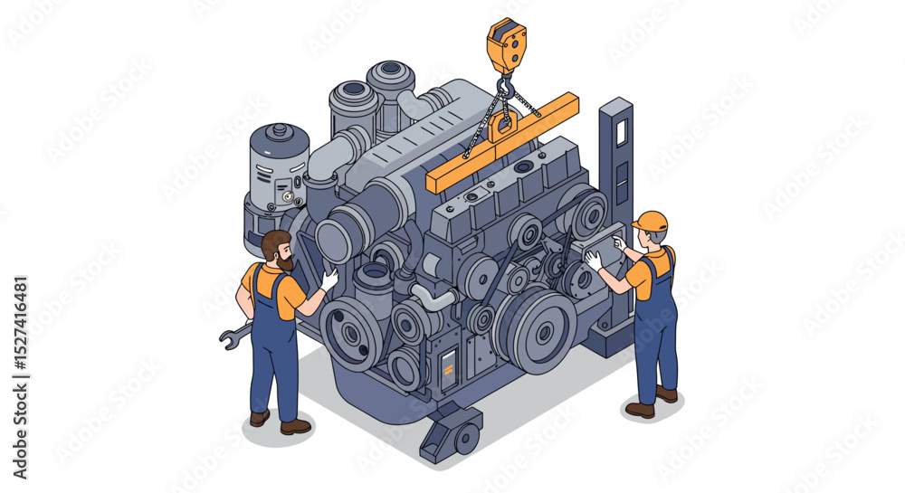 Aufkleber workers assembling industrial machinery engine with crane in factory setting vector illustration