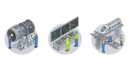 Industrial engineering processes: engine design, control room monitoring, railway construction vector illustration