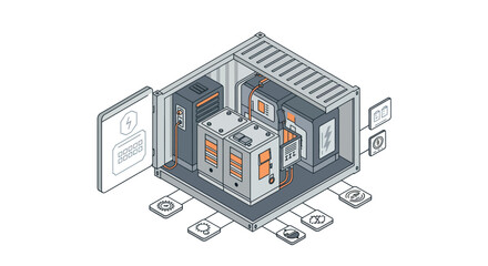 Isometric design of energy management system and renewable power solutions vector illustration