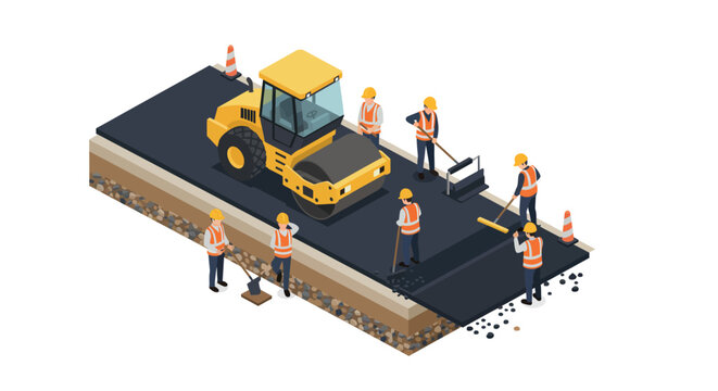 Road construction scene with workers and machinery for infrastructure development vector illustration