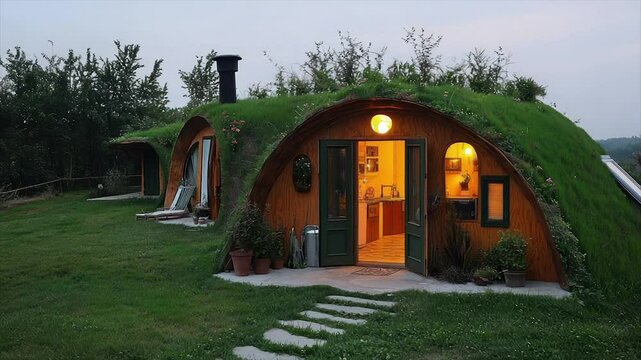 Earth-sheltered homes nestled in a verdant landscape