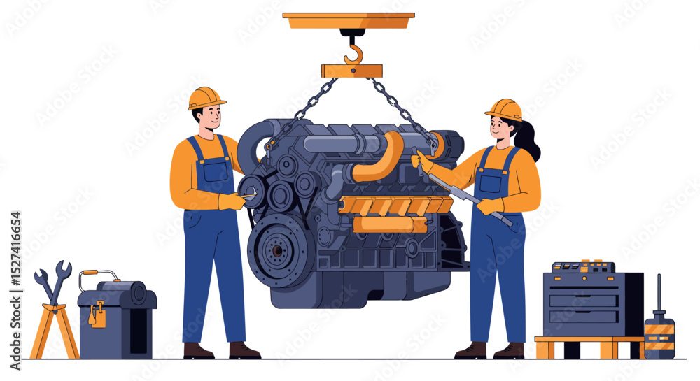 Poster mechanics collaborating on engine assembly in workshop setting for maintenance and repair vector ill