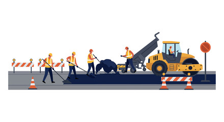 Road construction crew paving asphalt with heavy machinery for urban development vector illustration