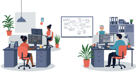 Collaborative office environment with diverse team working on digital projects vector illustration