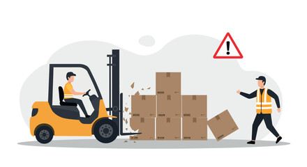 Workplace safety awareness with forklift collision and hazard precautions vector illustration
