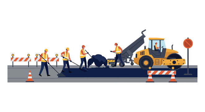 Road construction crew paving asphalt with heavy machinery for urban development vector illustration
